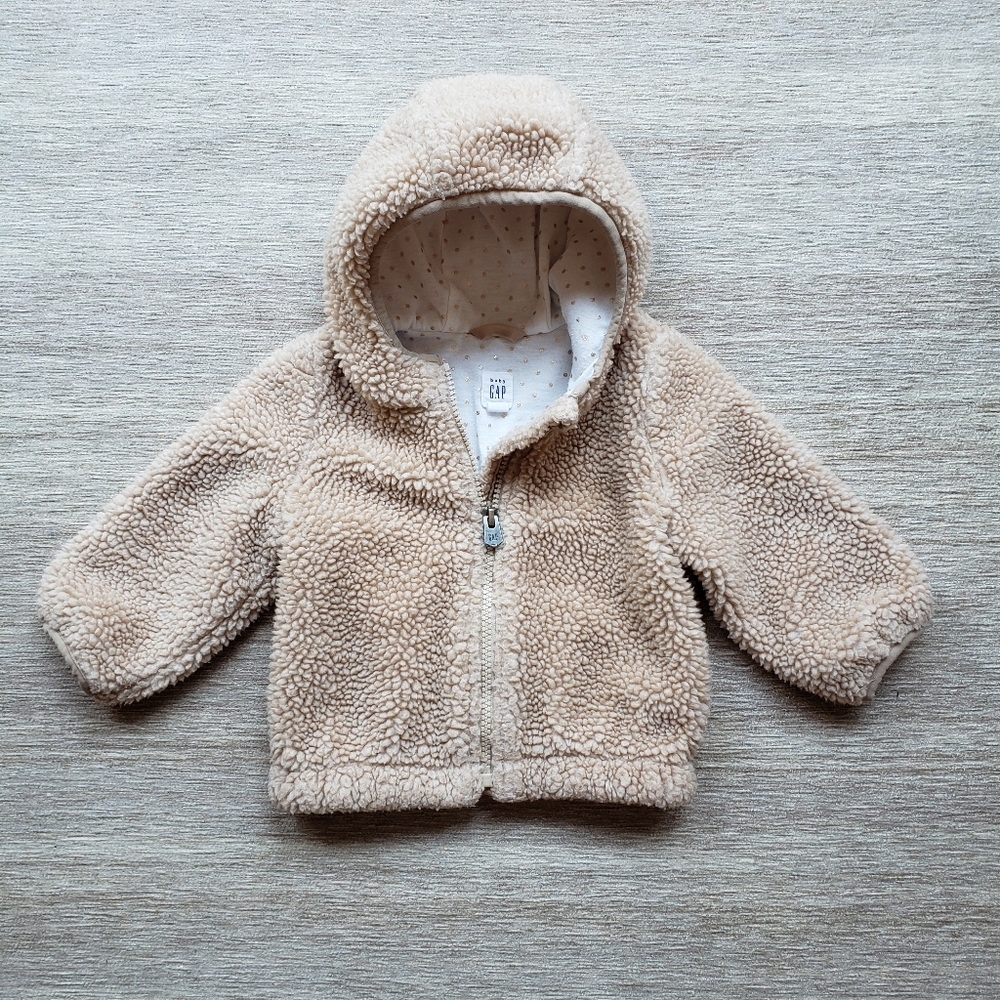 Like New Baby Gap Girls Tan Teddy Hood Zip Jacket